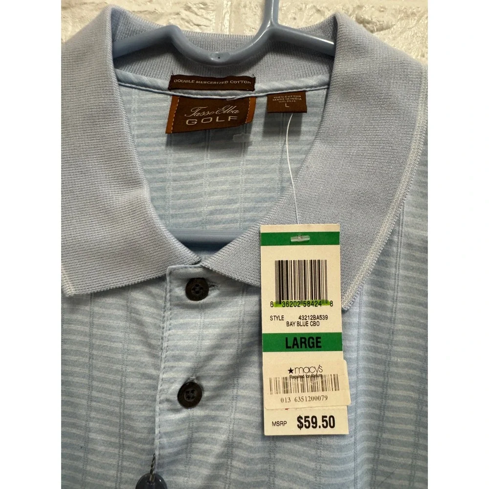 Tasso Elba Golf‎ Mens Large Bay Blue Striped Mercerized Cotton Polo Shirt NWT